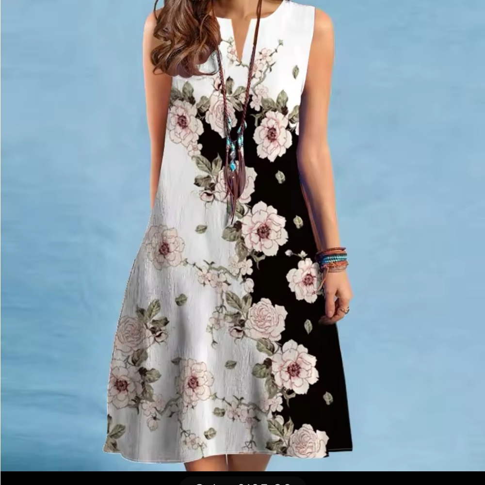 Floral Sleeveless Dress - Black and White